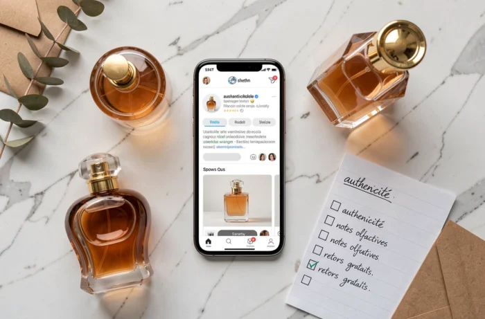 Flat lay de flacons de parfum, smartphone et checklist pour acheter son parfum en ligne en toute confiance