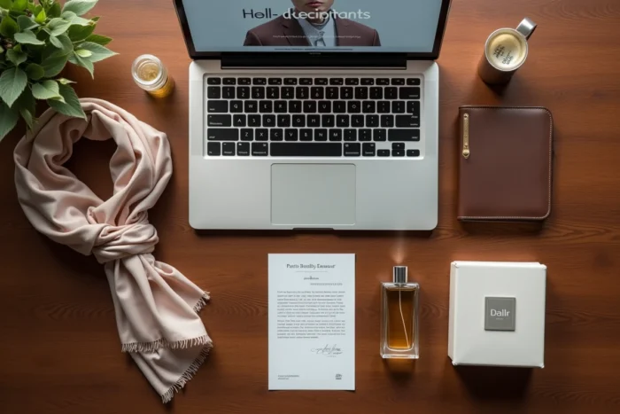 Flatlay luxe avec ordinateur portable, foulard en soie et accessoires premium sur bois de noyer