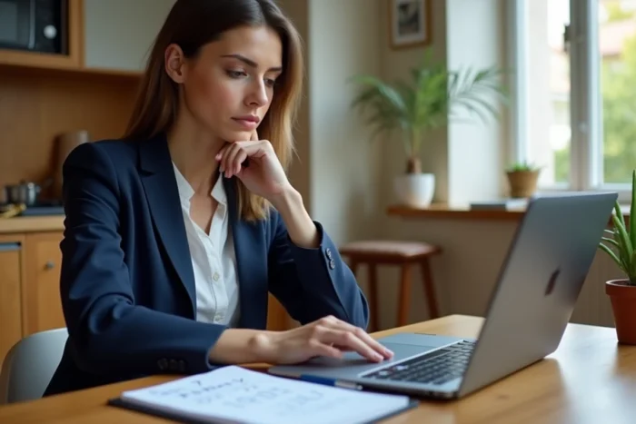 Fonctionnaire féminine calculant ses points Casden sur un ordinateur portable à domicile