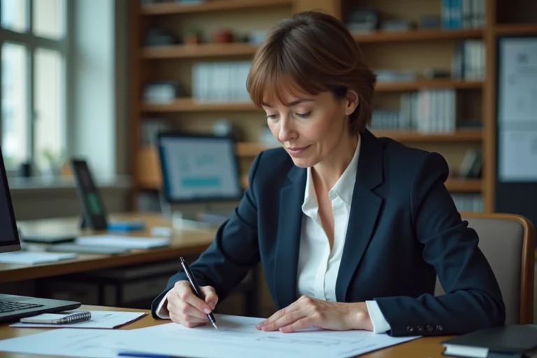 Fonctionnaire femme consultant la liste des promus hors classe 2026 dans un bureau administratif