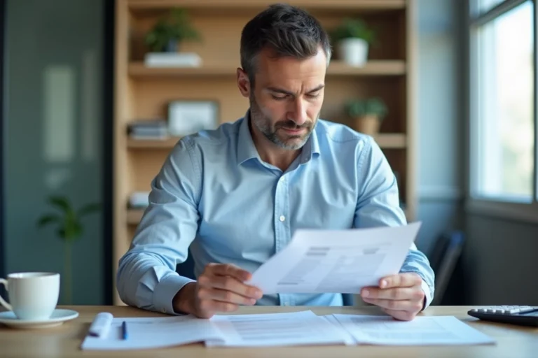 Fonctionnaire masculin consultant une simulation de prêt Casden à son bureau avec des documents financiers