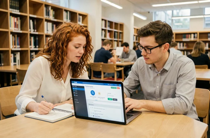 Dos jóvenes profesionales colaborando en una plataforma de formación en línea en una biblioteca universitaria moderna