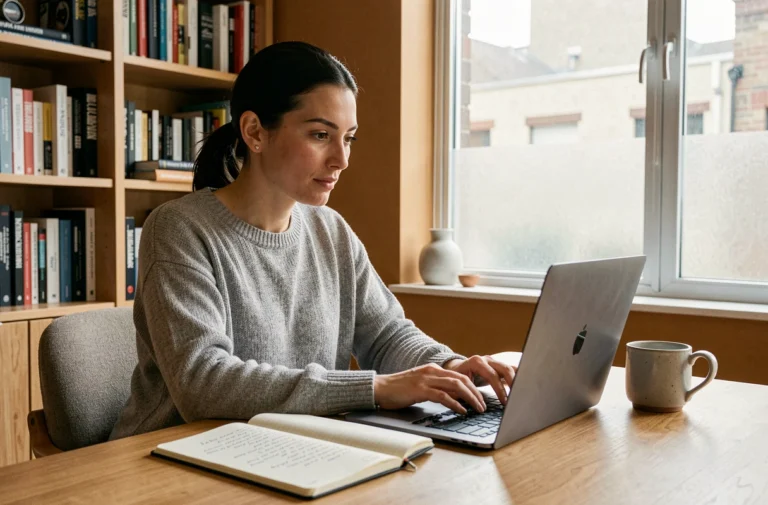 Femme en train de suivre une formation en ligne sur son ordinateur portable dans un bureau à domicile moderne