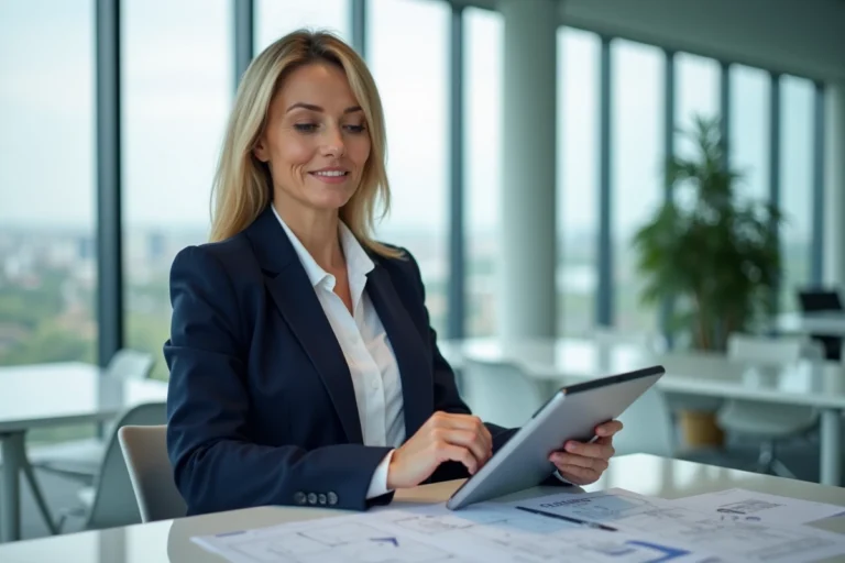 Gestionnaire immobilière utilisant une tablette pour optimiser la gestion de ses biens immobiliers dans un bureau moderne