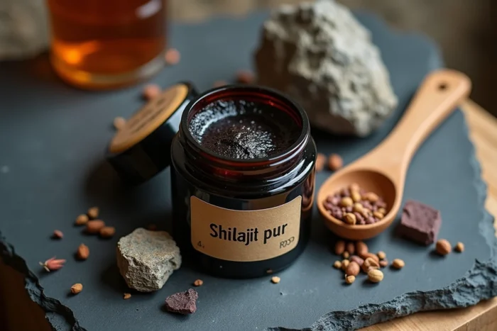 Gros plan d'un pot de résine de Shilajit ouvert sur une ardoise naturelle entourée de roches minérales et d'herbes séchées himalayennes