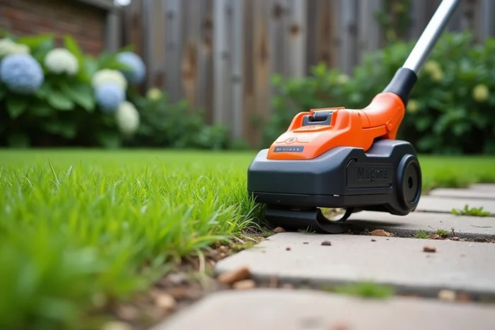 Gros plan d'un taille-bordure professionnel posé contre une bordure de jardin en pierre avec une pelouse parfaitement délimitée