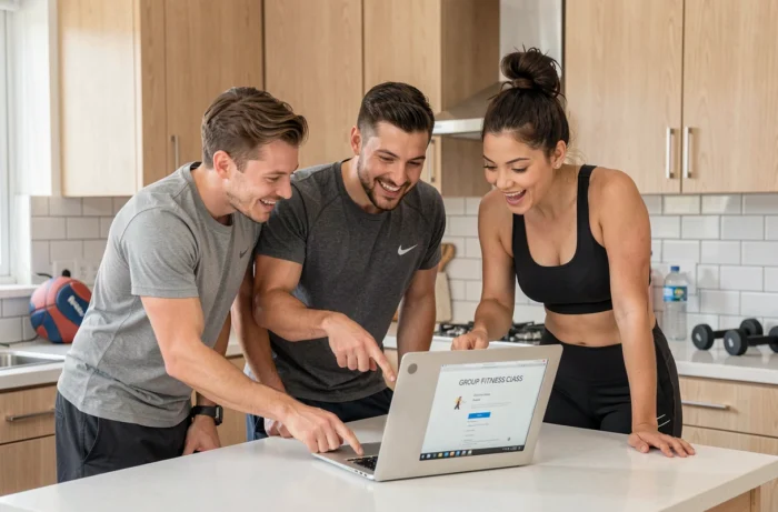 Gruppe von Freunden in Sportkleidung, die eine Fitnessaktivität online auf einem Laptop auswählen und buchen