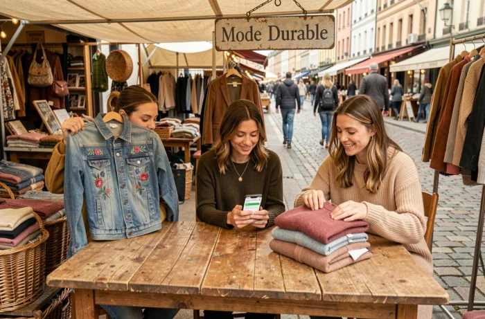 Grupo de mulheres explorando roupas upcycled e de segunda mão em um mercado de moda sustentável ao ar livre
