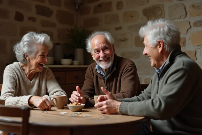 Groupe de personnes âgées de plus de 70 ans jouant aux cartes ensemble dans une maison de campagne française