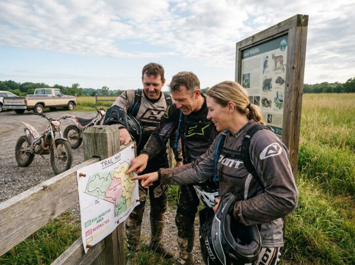 Groupe de motards de trial consultant une carte de sentiers balisés pour respecter les zones naturelles protégées