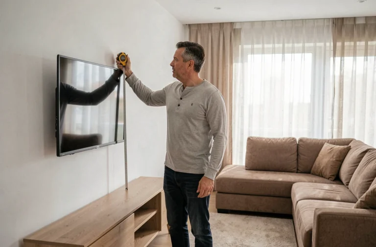 Homme mesurant la hauteur idéale d'installation d'une TV 75 pouces dans un salon moderne avec mètre ruban