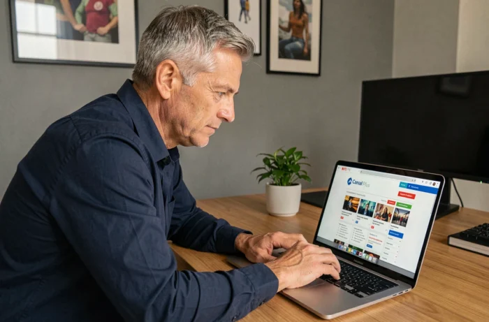 Homme activant Netflix via son abonnement Canal Plus sur un ordinateur portable à son bureau