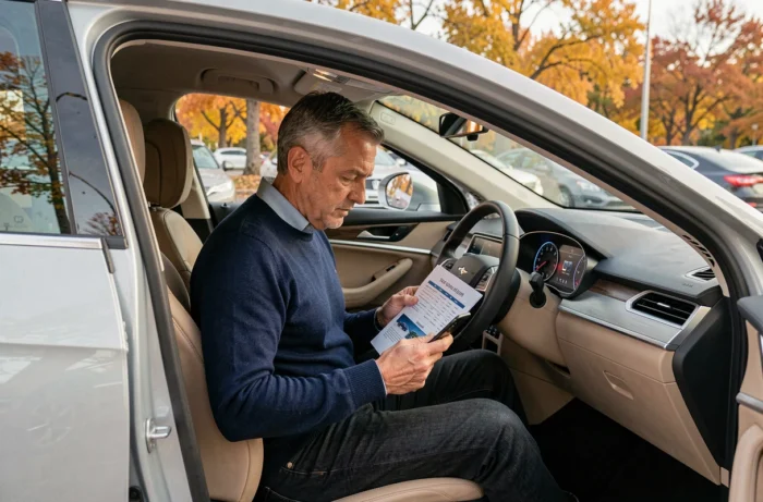 Homme comparant des voitures électriques assis dans un véhicule en automne, guide pour choisir la voiture idéale