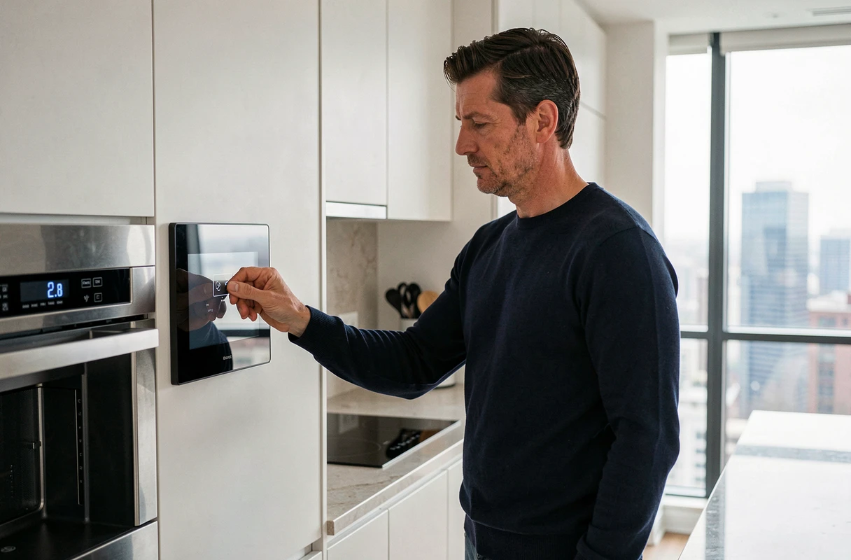 Homme utilisant un panneau de commande intelligent intégré dans une cuisine connectée moderne, symbole de la technologie dans la vie quotidienne