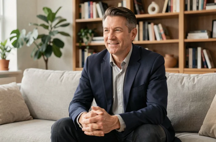Homme élégant en veste navy assis sur un canapé moderne, expression chaleureuse et confiante, décor intérieur cosy