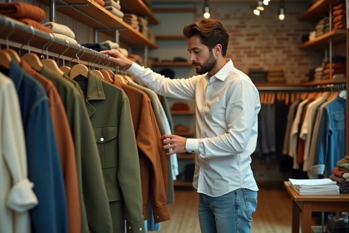 Homme parcourant des vêtements vintage dans une friperie tendance pour renouveler son style
