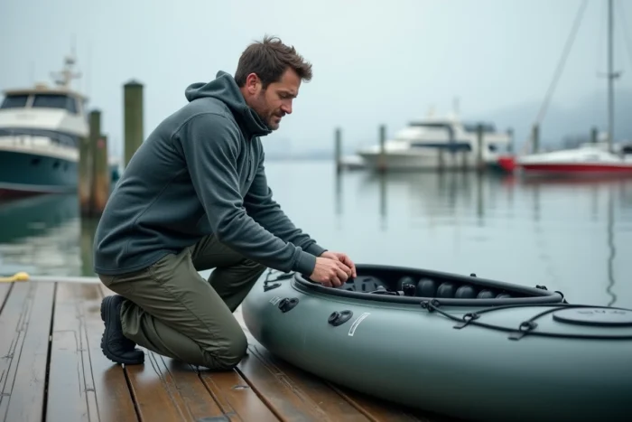 Homme inspectant la valve de gonflage d'un kayak Advanced Elements Lagoon 1 sur un ponton en bois