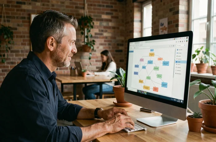 Homme naviguant un sitemap de site web sur un grand écran dans un espace de coworking