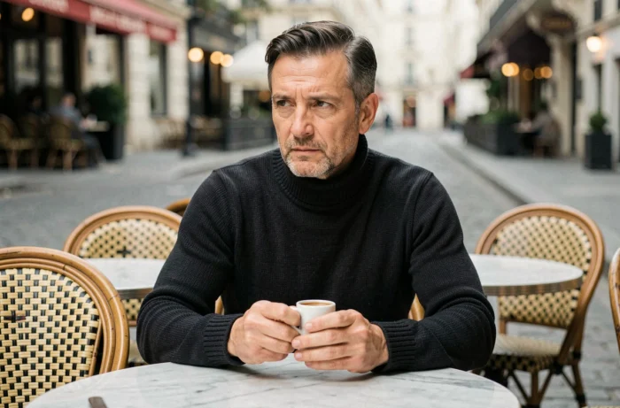 Homme pensif attablé en terrasse de café parisien, tenant un espresso, atmosphère intime et réflexive
