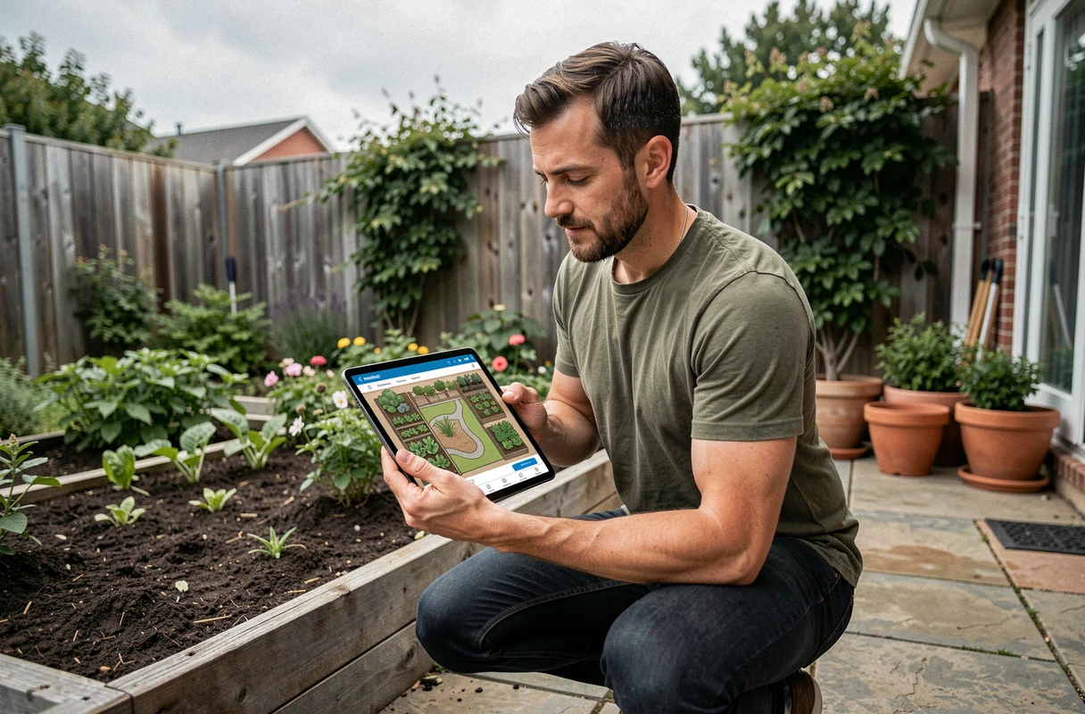 Homme consultant un logiciel de planification de jardin sur tablette dans un jardin résidentiel