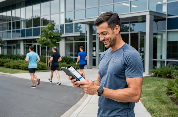 Mann in Sportkleidung, der eine Aktivität online auf einem Tablet vor einem modernen Sportkomplex reserviert
