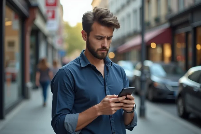 Homme dans la rue vérifiant ses messages SMS non délivrés sur son téléphone portable