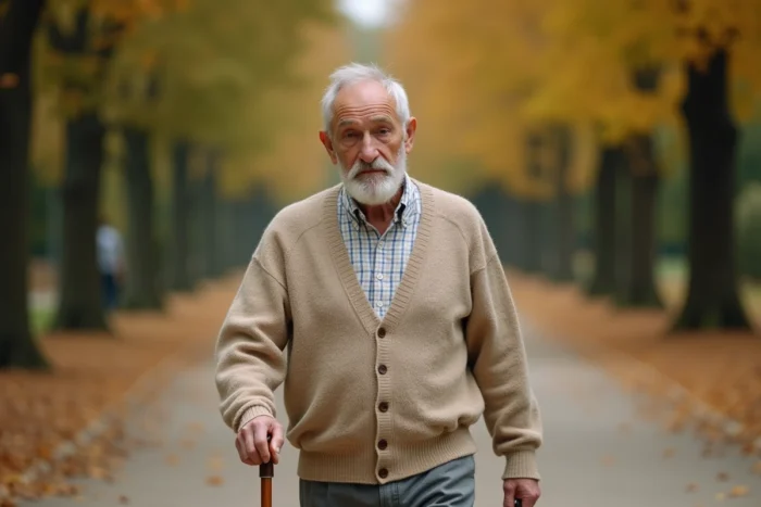 Homme septuagénaire se promenant dans un jardin public français en automne avec une canne