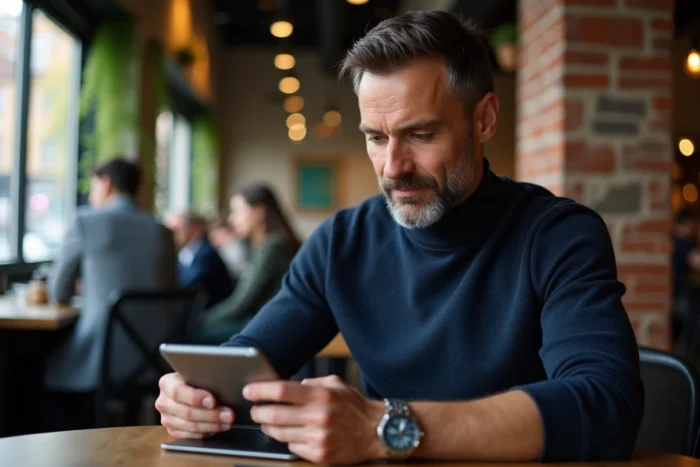 Homme stylé consultant un site de luxe en ligne sur une tablette dans un café moderne