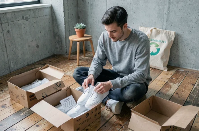 Homem inspecionando tênis eco-responsáveis em embalagem kraft reciclada em um apartamento urbano com paredes de concreto