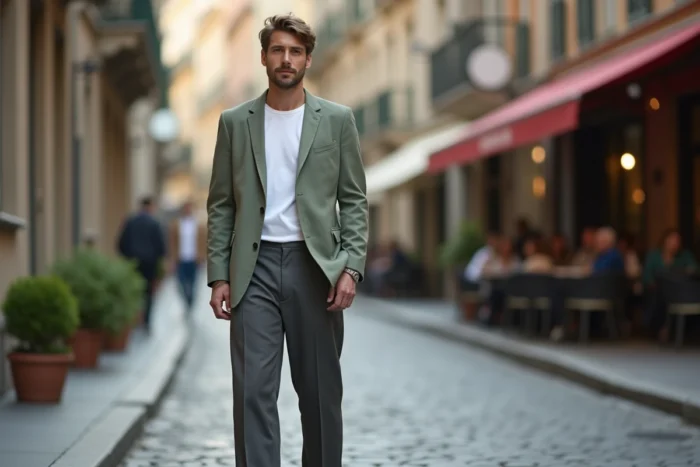 Homme en blazer vert sauge et pantalon large posant dans une rue pavée européenne tendance streetwear