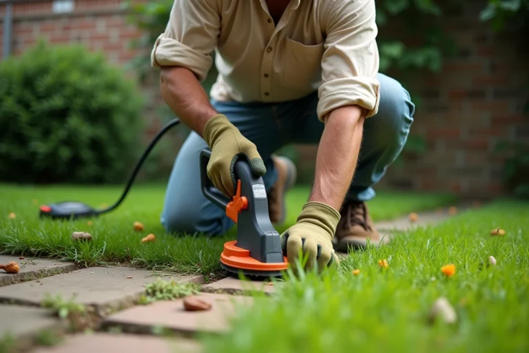 Homme utilisant un taille-bordure électrique pour entretenir les bords d'une pelouse dans un jardin soigné