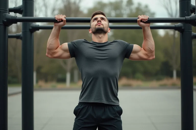 Homme athlétique en train de faire des tractions sur une barre en plein air dans un parc de street workout