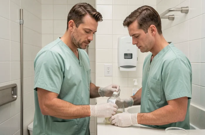 Infirmier en blouse médicale étiquetant un flacon d'urine stérile dans une salle de bain hospitalière