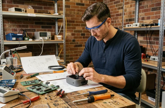 Engineer assembling a portable medical device in a high-tech R&D laboratory, medical technological innovation