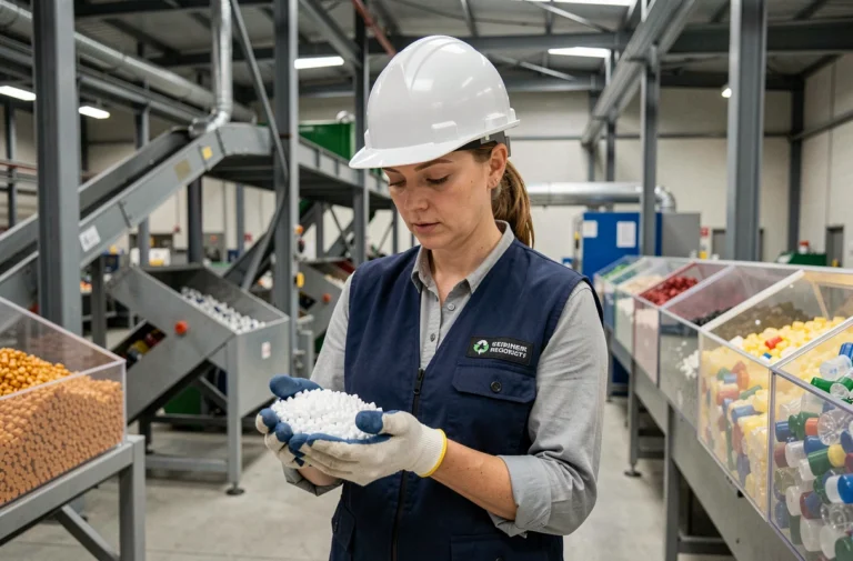 Ingénieure inspectant des granulés plastiques recyclés dans une usine de production circulaire moderne