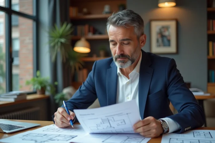 Homme d'affaires analysant des documents immobiliers à son bureau pour préparer un investissement en période d'incertitude