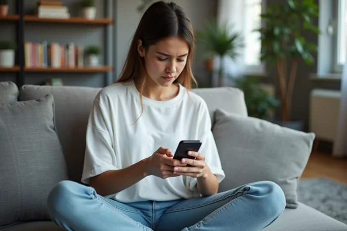 Jeune femme sur un canapé regardant ses SMS non reçus pour détecter un éventuel blocage