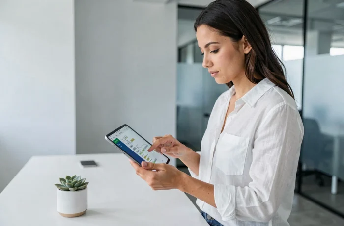 Jeune femme consultant un sitemap de site web sur une tablette dans un bureau minimaliste moderne
