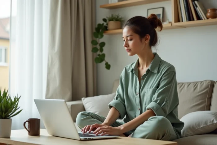 Jeune femme travaillant depuis chez elle sur les dernières tendances du marketing digital, assise dans un espace bureau minimaliste scandinave