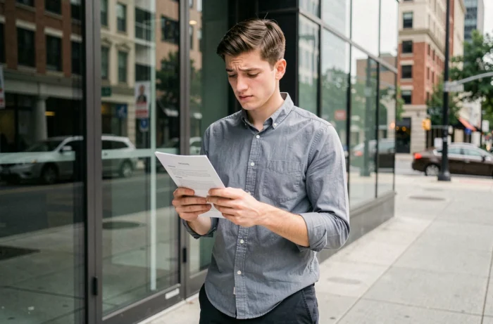 Jovem homem segurando um CV diante da entrada de um prédio de escritórios moderno durante uma busca de emprego