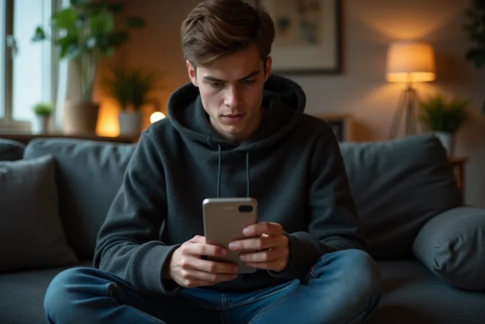 Jeune personne inspectant une URL masquée sur smartphone dans un salon moderne