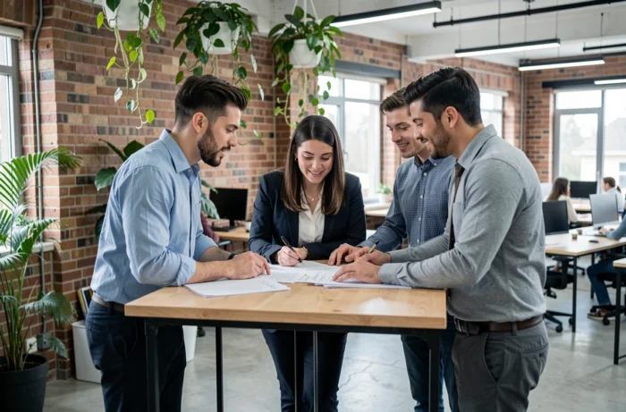 Grupo de jovens profissionais em discussão em um espaço de co-working contemporâneo