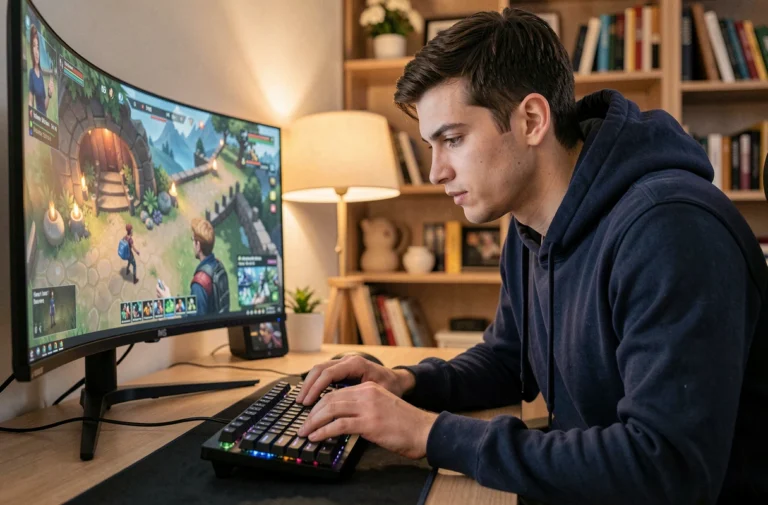 Joueur concentré devant un écran de jeux en ligne dans un bureau à domicile moderne