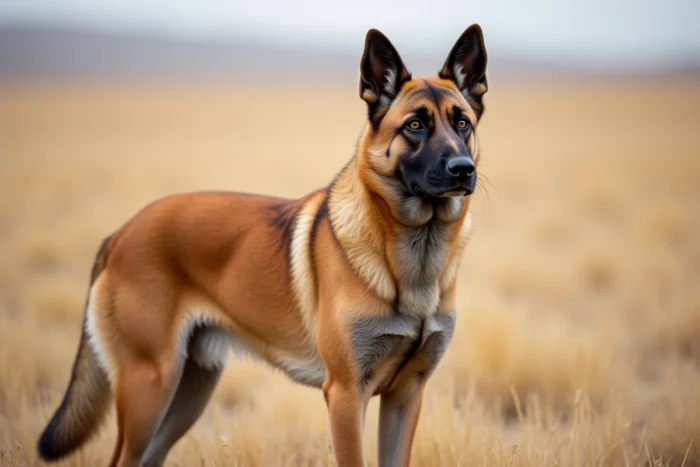 Chien Kangal adulte en position debout dans un paysage de steppe, montrant sa puissante mâchoire et sa carrure imposante