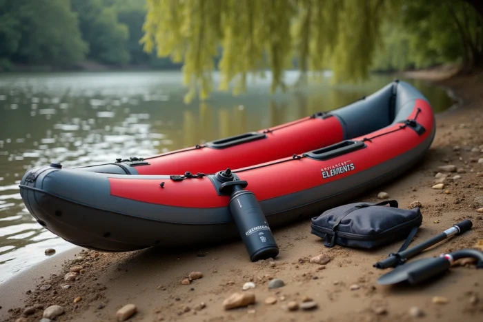 Kayak gonflable Advanced Elements Lagoon 1 déployé sur une berge de rivière avec accessoires de pagaie