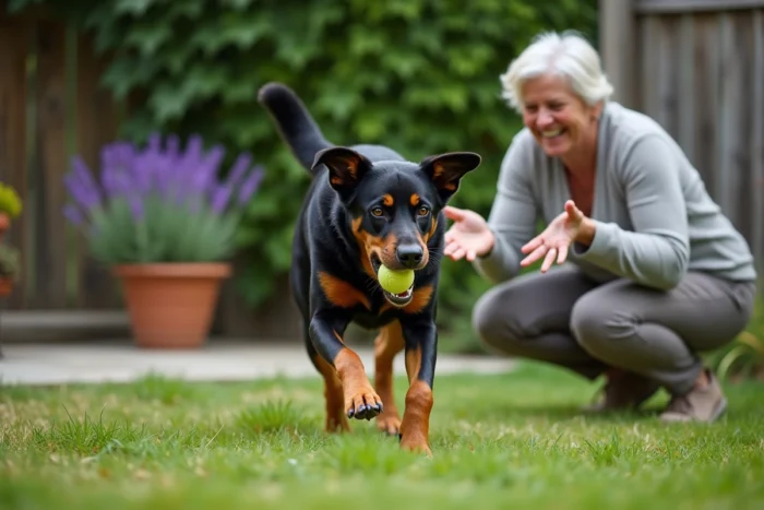 Femme jouant avec son labrador croisé beauceron dans un jardin, le chien rapporte une balle avec enthousiasme