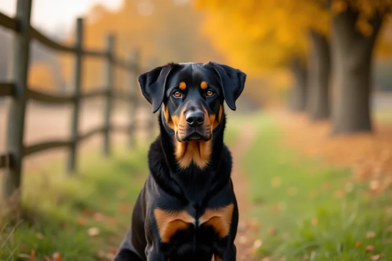 Labrador croisé beauceron assis dans un pré en automne, regard alerte et pelage noir et feu bien visible