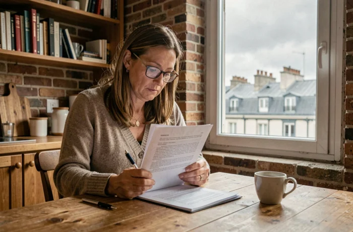 Une femme lisant attentivement un document juridique lié à une indemnisation après un accident à Paris