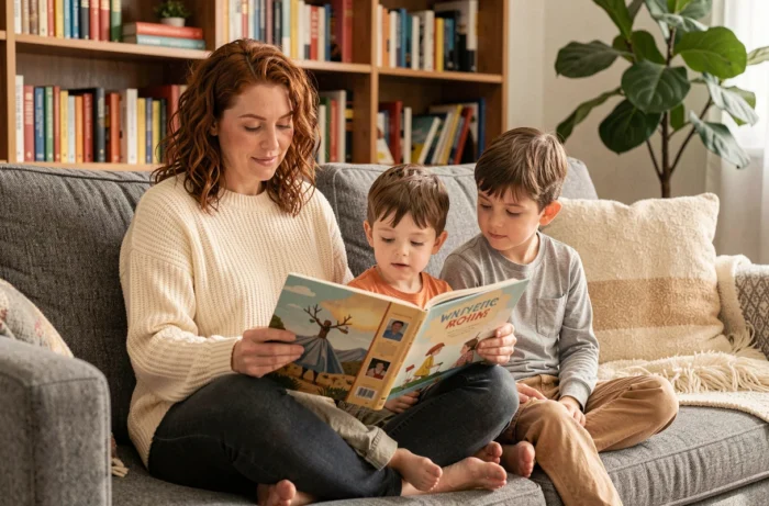 Mère lisant un livre illustré avec ses deux enfants sur un canapé confortable dans un salon familial chaleureux et bien organisé