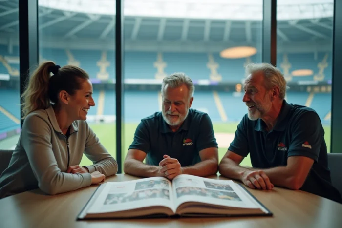 Groupe de légendes du sport de différentes générations discutant autour d'un livre d'histoire sportive